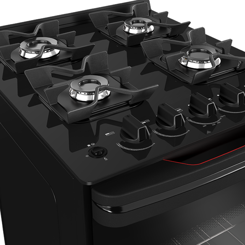 Cocina Supergas 4 Hornallas Negra, Mesada de Vidrio, Hierro Fundido y Termocupla - Brasil
